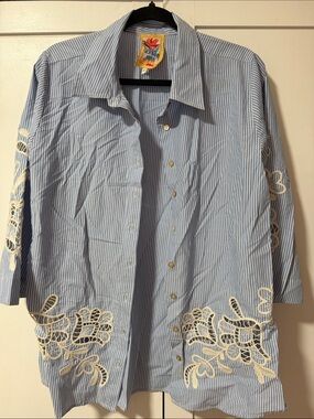 Johnny Was Blue and White Striped Button-Down with Cream Lace Appliqué